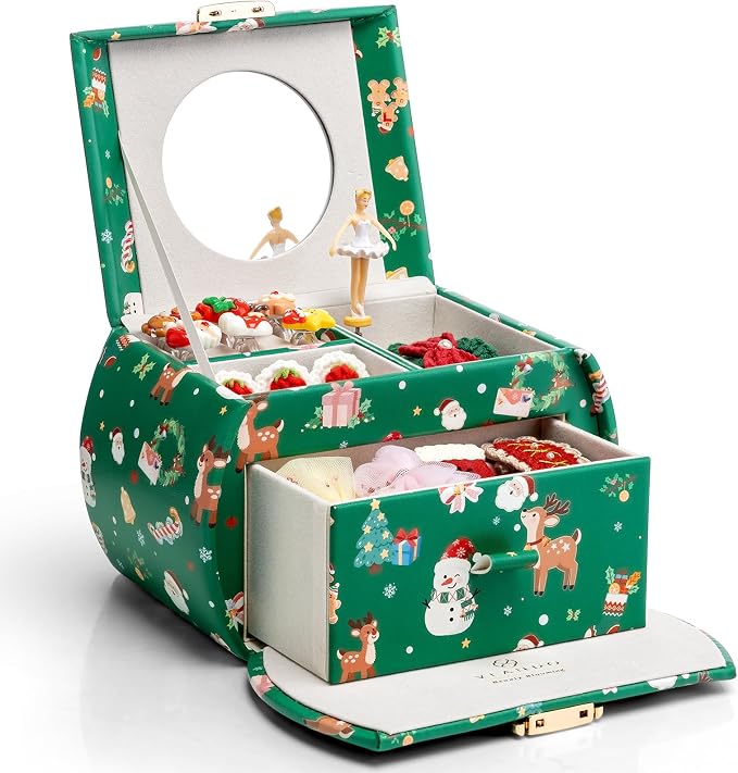 VLANDO Kids Musical Jewelry Box for Girls with Drawer, Music Box with Ballerina and Stickers for Birthday Bedroom Decor, Holidays Gifts for Girls Kids - Christmas Green by VLANDO