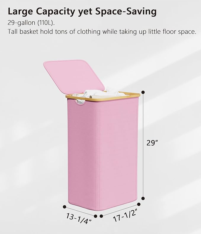 SUOCO Laundry Hamper with Lid, 29 Gal (110L) Clothes Basket with Bamboo Handles, Large Foldable Laundry Hamper for Bedroom, Bathroom, Dorm, Laundry Room - Pink - Image 5