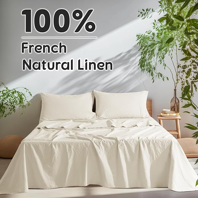 SONORO KATE 100% French Pure Linen Sheets, Extra Deep Pocket up to 18"-24", Breathable and Durable Linen Sheets, Anti-Tear Linen Bed Sheets, Machine Washable - 4 Piece (Cream, Queen(24" deep))