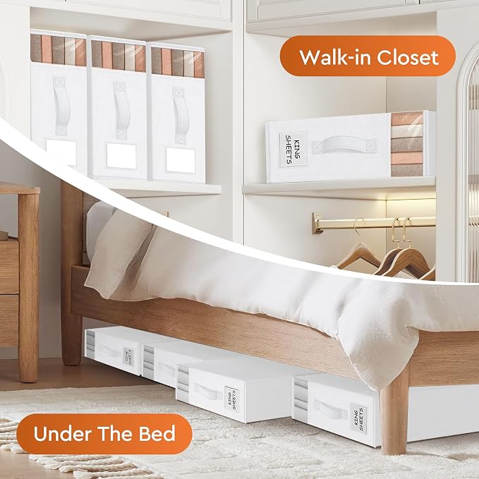 StorageTastic 4 Pack Bed Sheet Closet Organizers and Storage,Sturdy Foldable Storage Containers with Window and Label,Storage and Organization for Bedding Sheets,Duvet Covers,Blankets (White) - Image 6