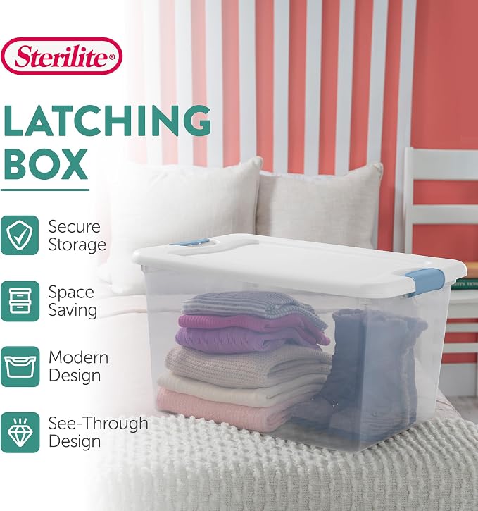 Sterilite 8-Pack 64 Quart Latching Box, Clear Plastic Storage Organizer Bins with White Lids - Large Stackable Containers for Home Bedroom, Dorm Room, and Closet Organization - Image 3