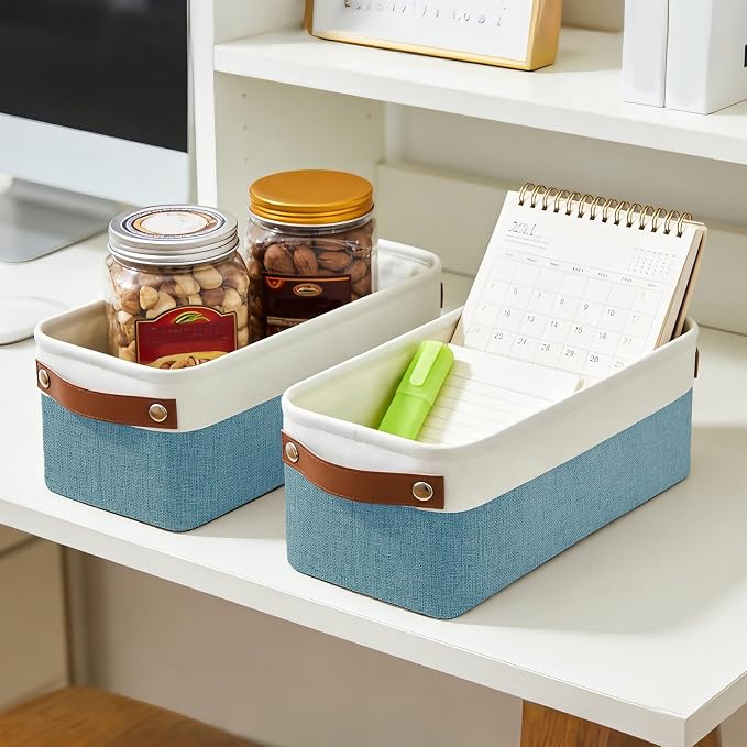 Bagnizer Small Fabric Storage Baskets, 15x6x5 inch Narrow Storage Bins 4-Pack Long Storage Basket for Organizing with Handles, Decorative Basket for Closets, Shelves, Toilet Paper, Teal - Image 3