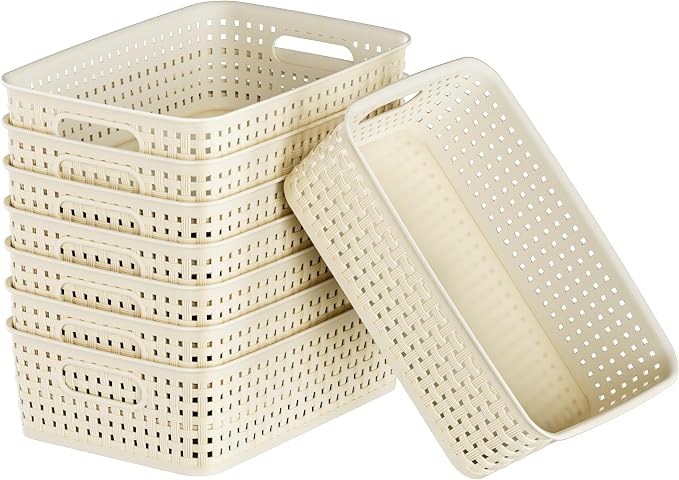 FUCDTEFC White Plastic Basket, 8 Pack Home Organization and Storage Baskets with Handles, Space Saving Woven Organizer Bins Plastic Storage Basket for Organizing Cabinets,Closets, Shelves, Countertops by FUCDTEFC