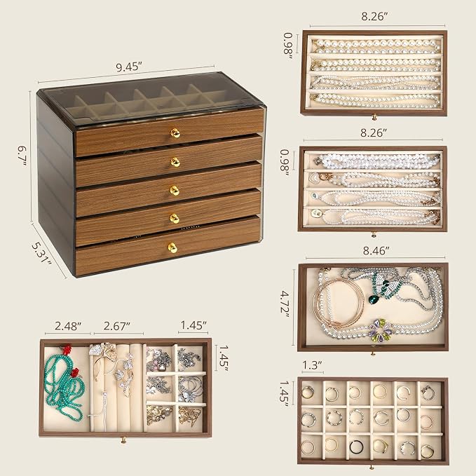 CLUQMEIK 5 Layer Large Wooden Jewelry Box with Acrylic Lid and Wooden Drawers, Stackable Jewelry Organizers and Storage Box for Women and Girls to Storing Rings Earrings Necklaces Bracelets - Image 3