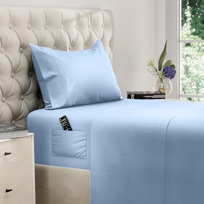 DREAMCARE Twin XL Sheet Sets - 3 pcs Breathable Cooling Bed Sheets - up to 21" Extra Deep Pocket Twin XL Sheets Set with Side Pockets - Extra Soft 100% Brushed Hypoallergenic Hotel Luxury - Blue
