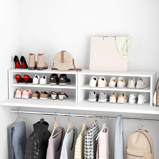 Whitmor Stackable 28" Extra Wide 2-Shelf Storage Organizer,Stackable Wood Combination Shoe Organizer Racks Shelves for Closets, Entryway, Hallway, Garage, White - Image 2