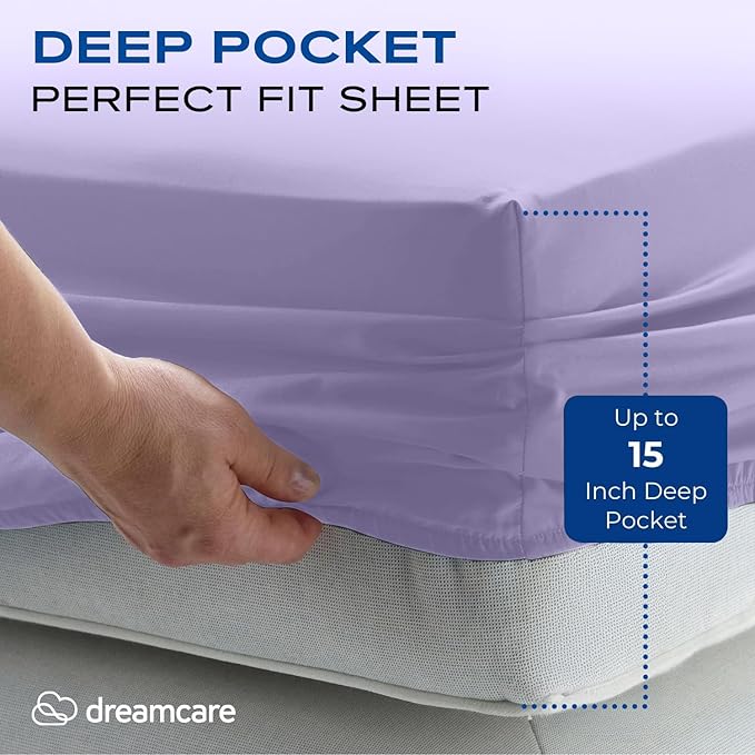 DREAMCARE Twin XL Sheet Sets - 4 pcs Breathable Cooling Bed Sheets - up to 15" Deep Pocket Twin XL Sheets Set with Side Pockets - Extra Soft 100% Brushed Hypoallergenic Hotel Luxury Bedding - Lavender