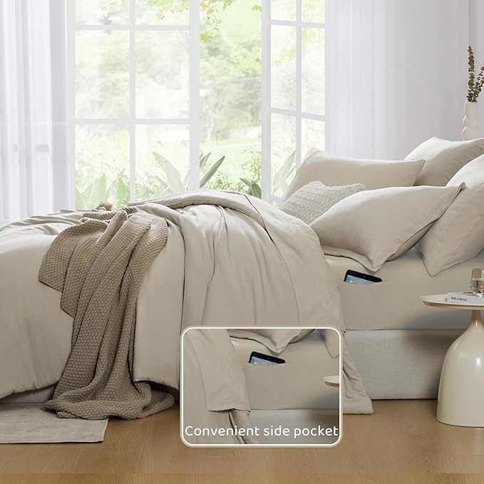 WRENSONGE Light Oatmeal Queen Comforter Set, 7 Pieces Soft Microfiber Comforters Queen Size with Fitted Sheet, Flat Sheet, 2 Pillow Shams, and 2 Pillowcases- Warm Bedding Sets Queen for All Season