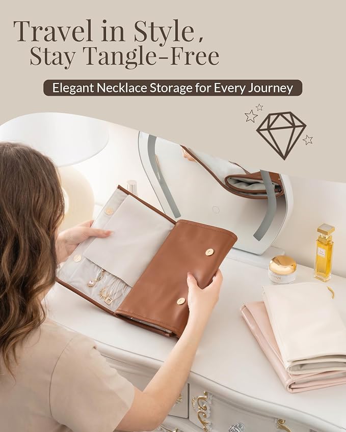 Lolalet Travel Necklace Organizer, Tangle-Free Necklace Case for Travel, Leather Foldable Roll Up Jewelry Storage Bag for Necklaces Chains Bracelets, Mothers Day Gift - Image 2