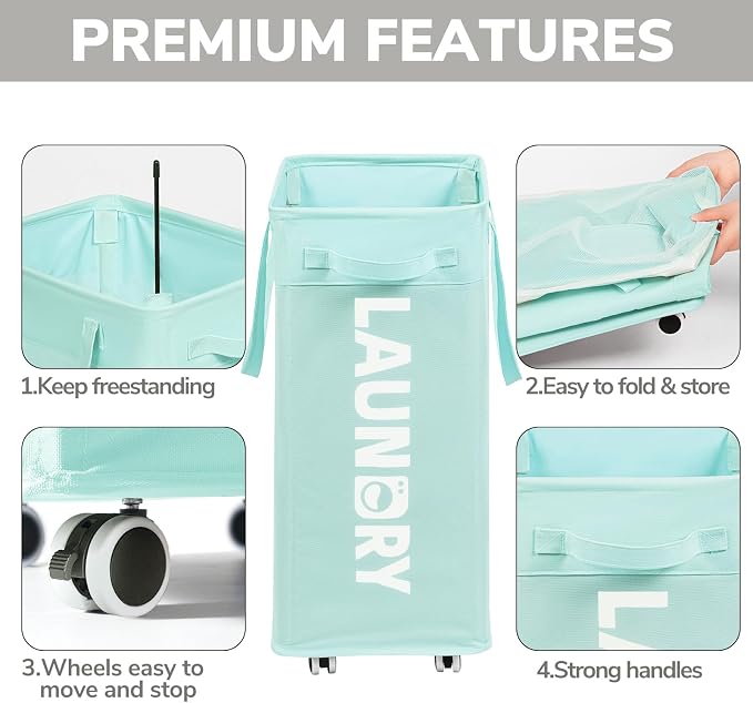 Goodpick Rolling Laundry Basket with Wheels,75L Large Collapsible Laundry Hamper with Removable Wash Bag Space for living room, Blue - Image 4