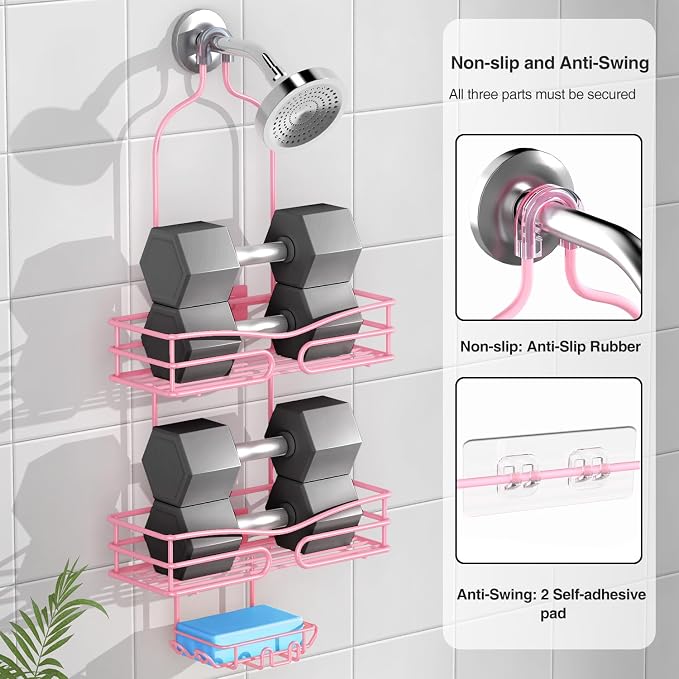 DAOYA Over the Shower Head Caddy Pink - Shower Caddy Hanging with 3 Soap Holders, Stainless Steel Bathroom Organizer and Storage, Rustproof - Image 3