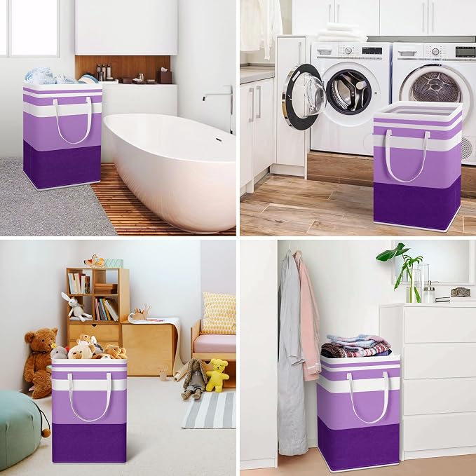 HomeHacks 2 Pack Large Laundry Baskets, Waterproof, Freestanding Laundry Hampers, Collapsible Clothes Hamper with Reinforced Handles in Laundry, College Dorm, Bathroom, Bedroom (Purple, 75Lx2) - Image 6