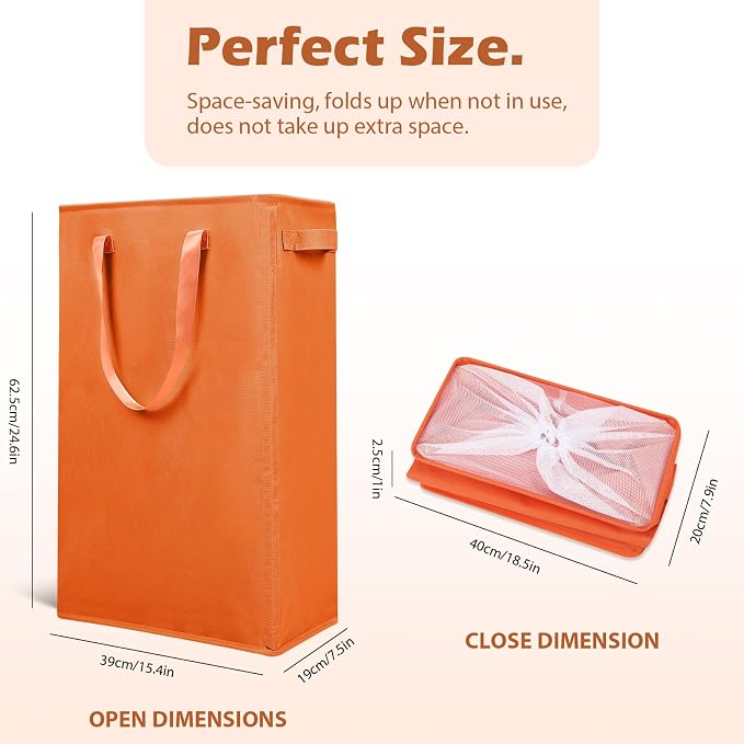 Odonata Slim Laundry Hamper Handles Collapsible Laundry Basket Thin Dirty Clothes Basket Narrow Laundry Bag Foldable Dirty Hamper 45L (Orange) - Image 2