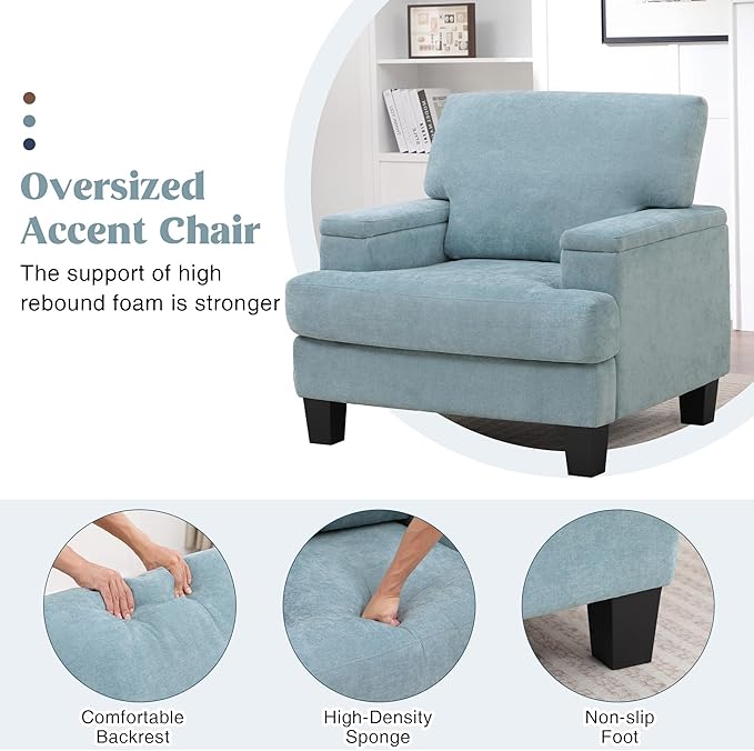 Oversized Accent Chair Set of 2 with Storage Armrest, Modern Upholstered Reading Living Room Chairs, Comfy Large Armchair, Fabric Single Sofa Chair for Bedroom (Green)