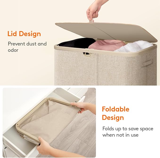 Lifewit 185L Large 3 Section Laundry Hamper with Lid, Plastic Laundry Basket with Bamboo Handles and Removable Bags, Tall Foldable Clothes Hamper for Bathroom Bedroom, Beige - Image 8