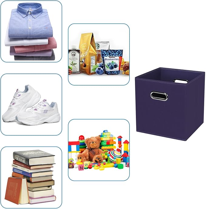 Black Fabric Cubby Storage Bins,13x13x13 Inches ,Cube Organizer Bin Foldable Storage Boxes with Dual Handles Fabric Organizer Box and collapsible Storage basket,Set of 6,Navy Blue - Image 3