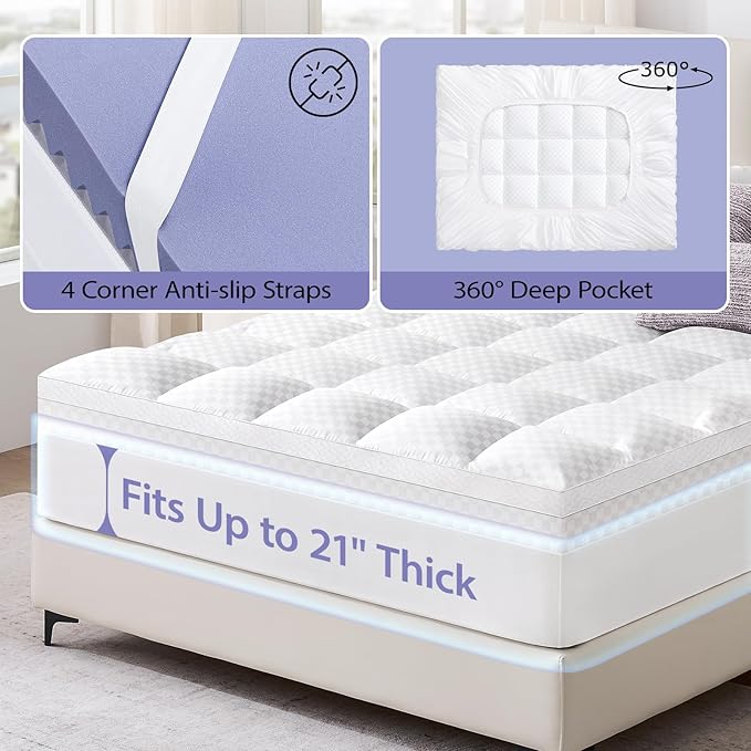 downluxe 4 Inch Queen Memory Foam Mattress Topper Pro Dual Layer 2 Inch Cooling Gel Egg Crate Memory Foam Plus 2 Inch Pillow Top Medium Firm with Deep Pocket