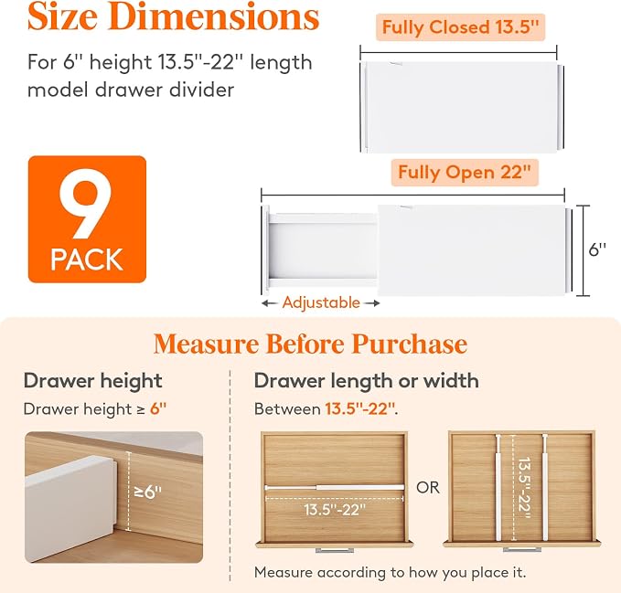 Lifewit 9 Pack 6" High Drawer Dividers 34-56cm/13.5-22" Adjustable Drawer Organizer for Clothes/Utensils, Expandable Drawer Separator in Dresser/Kitchen/Bedroom/Office Organization & Storage White - Image 2