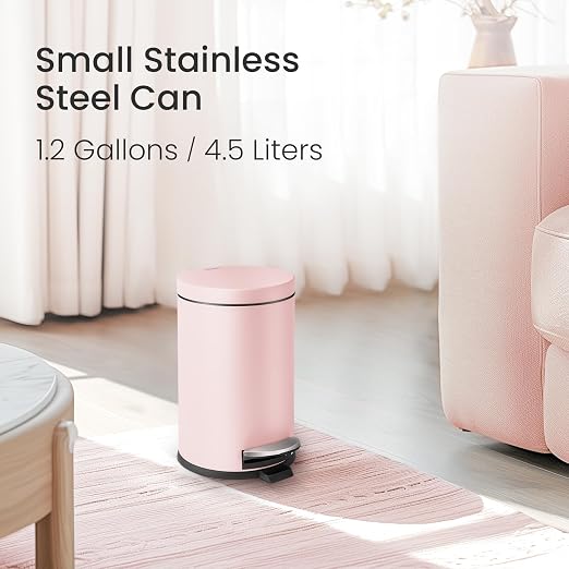Cesun 1.2 Gallons Small Pink Trash Can, Bathroom Garbage Can with Lid and Foot Pedal, Mini Round Wastebasket for Bathroom, Bedroom, Office, 4.5 Liters / 1.2 Gallons, Pink - Image 2