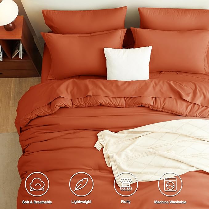 CozyLux Queen Comforter Set Burnt Orange, 7 Pieces Bed in a Bag Queen Size Comforter Set with Sheets, Terracotta Bedding Sets with Down Alternative Comforter, Sheets, Pillow Shams and Pillowcases