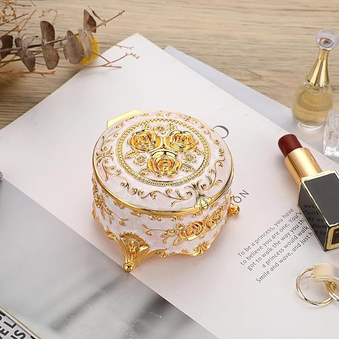Hipiwe Vintage Round Jewelry Box Small Trinket Storage Organizer Box Gold Metal Chest Ring Case Treasure Box Keepsake Box Earrings Necklace Storage Box Gift for Women, Small - Image 2