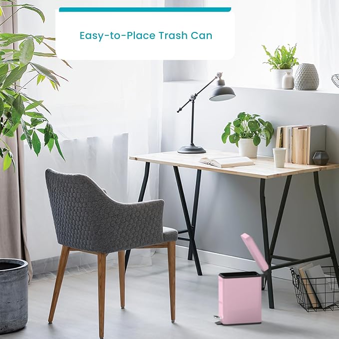 Home Zone Living 1.3 Gallon Small Bathroom Trash Can with Lid and Step Pedal, Stainless Steel Wastebasket with Slim Design for Home and Office, Matte Pink, 5 Liters - Image 7