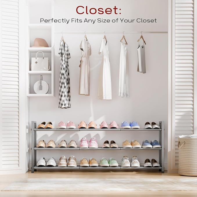 Bumusty 3-Tier Long Expandable Shoe Rack for Closet, 18"-44" Adjustable Shoe Rack for Entryway, 15-18 Pairs Large Shoe Organizer Shelf Storage, Sturdy Metal, Light Grey - Image 2