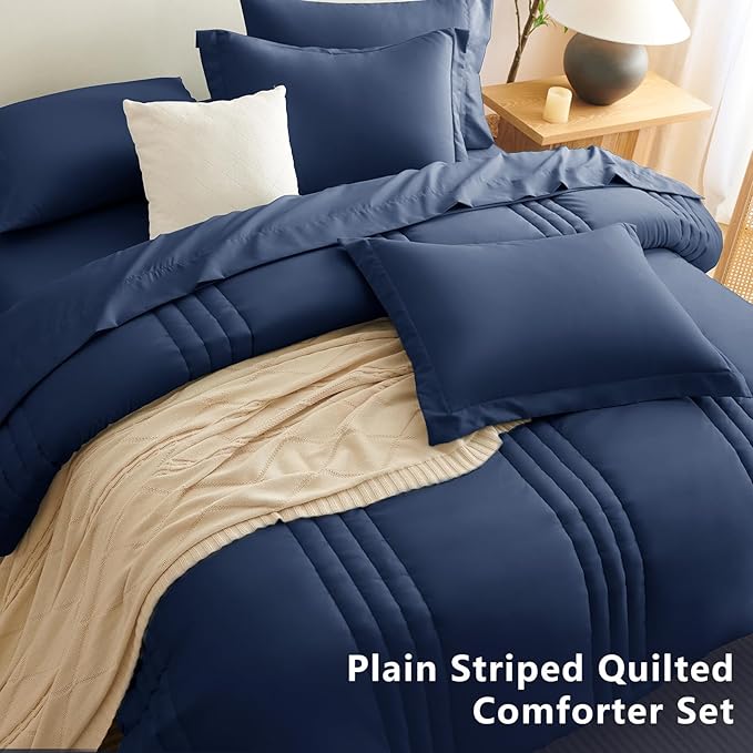 CozyLux California King Size Comforter Set - 7 Pieces Bed in a Bag Navy Blue Comforter Set with Sheets Cal King, Soft Bedding Set with Down Alternative Comforter, Sheets, Pillowcases & Shams