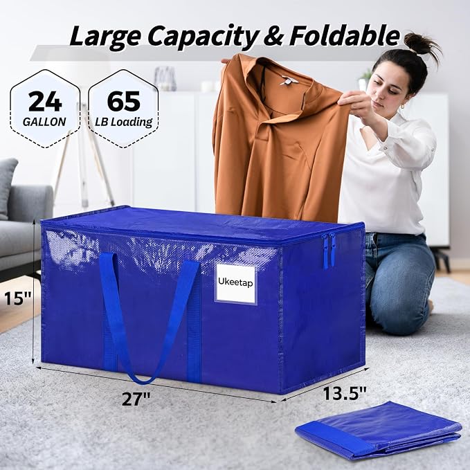 16 Pack Extra Large Heavy Duty Moving Bags, Blue Storage Bins with Lids, Reinforced Handles & Heavy-Duty Zippers Moving Boxes Storage Bags Totes for Clothes Packing, Dorms, College Supplies, Blue - Image 2
