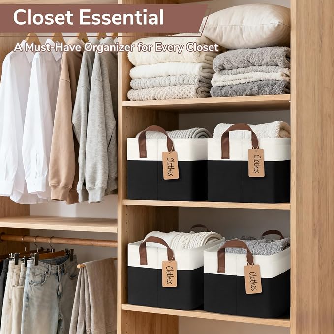 CHICVITA 4 Pack Storage Baskets for Shelves, Foldable Closet Baskets for Organizing, Fabric Storage Bins with Handles, Towel Organizer for Closet, 14.8" x 10.3" x 8.3", Black & White - Image 2