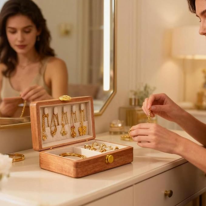 Travel Jewelry Case Small Wood Jewelry Organizer Jewelry Box for Women (Nut-Brown Print) - Image 7