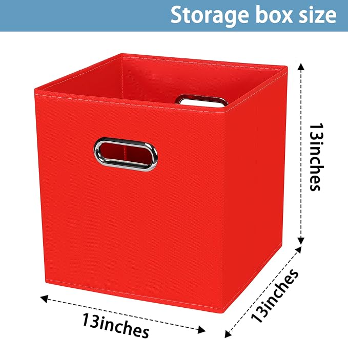 Black Fabric Cubby Storage Bins,13x13x13 Inches,Cube Organizer Bin Foldable Storage Boxes with Dual Handles Fabric Organizer Box and collapsible Storage basket,Set of 3,Red - Image 2