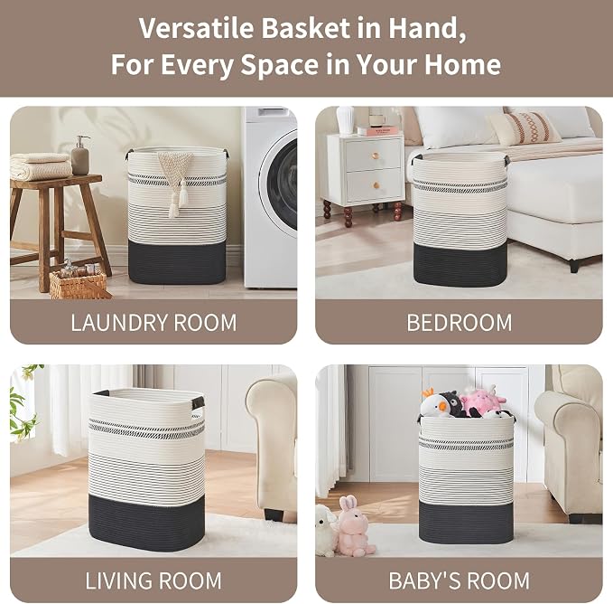 AINUOQI Laundry Basket with Handles - Blanket Basket & Hampers for Bedroom Aesthetic, Laundry Hamper & Blanket Storage for Living Room, Clothes Hamper, Tall, Large 17" x 14" x 22”, Black & White - Image 3
