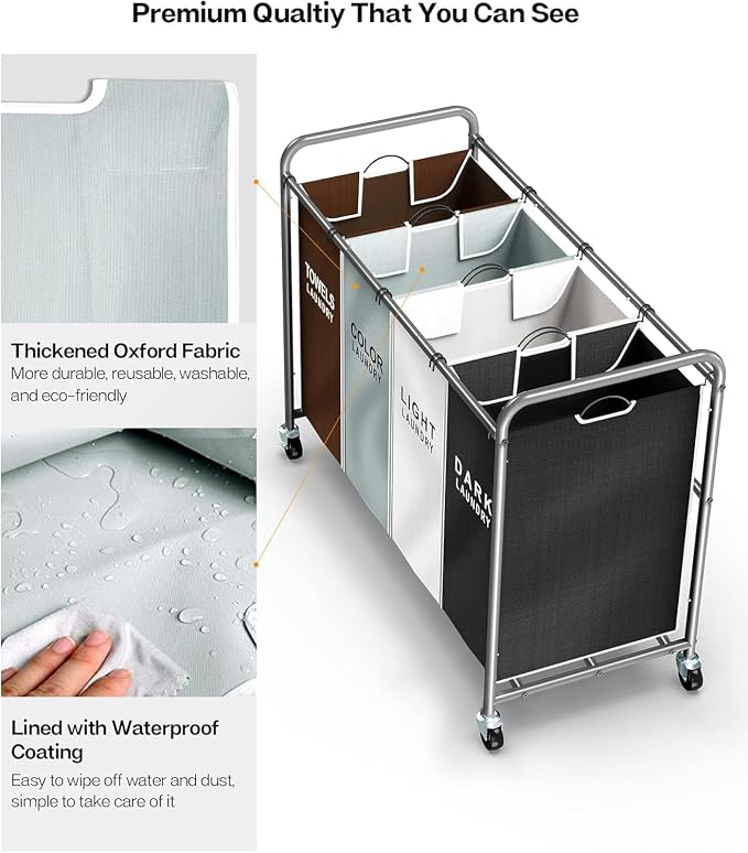 ROMOON Laundry Hamper Sorter Cart: 4-Section Organizer with Heavy-Duty Lockable Wheels and Removable Bags | 180L Rolling Laundry Basket for Dirty Clothes in Laundry Room or Small Spaces (Multicolor) - Image 4
