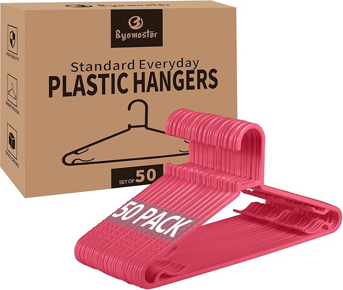 Byomostor Plastic Hangers 50 Pack, Light Weight Durable Clothes Hangers with Hooks Standard Size G-Shape&Non-Slip Coat Hangers for Everyday Use (Pink) by Byomostor