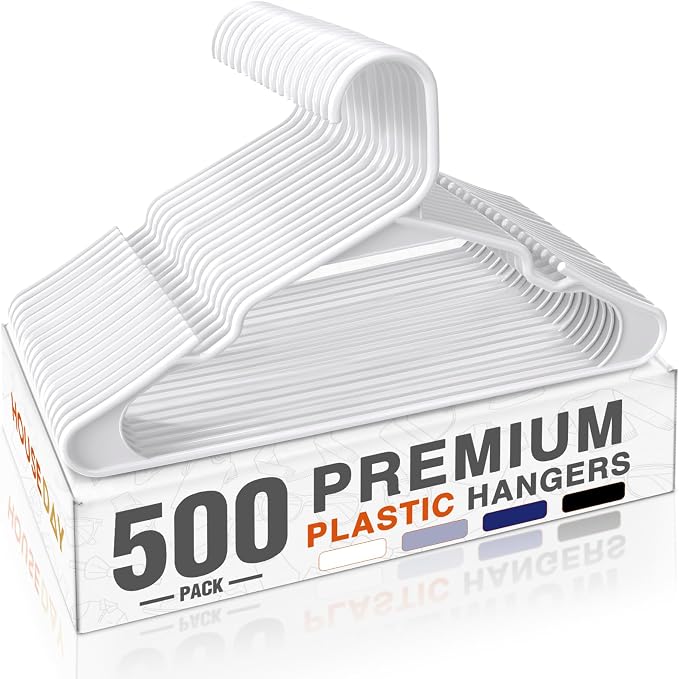 HOUSE DAY 500 Pack Plastic Clothes Hangers, Commercial Bulk Shipment for Business, Sturdy Durable Notched Hangers Ideal for Retail Dry Cleaners Warehouses, Save Cost & Warehouse Space - White by HOUSEDAY