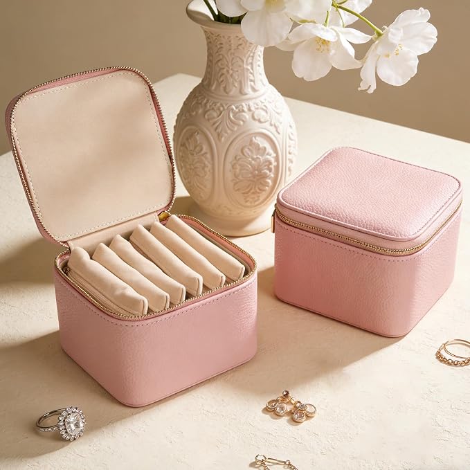 Travel Jewelry Organizer, Travel Jewelry Box with 6 Velvet Zipped Pouches Bags for Jewelries Necklaces Rings Earrings Sorting Storage for Women Girl Gifts, Blush - Image 2
