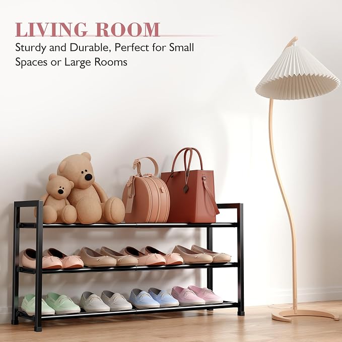Bumusty 3-Tier Expandable Shoe Rack for Closet, 18“-33” Adjustable Shoe Rack for Small Space, Small Shoe Organizer for Front Door, Sturdy Metal, Black - Image 4