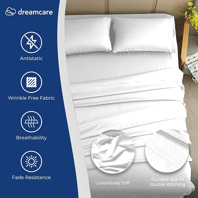DREAMCARE Twin XL Sheet Sets - 4 pcs Breathable Cooling Bed Sheets - up to 15" Deep Pocket Twin XL Sheets Set with Side Pockets - Extra Soft 100% Brushed Hypoallergenic Hotel Luxury Bedding - White