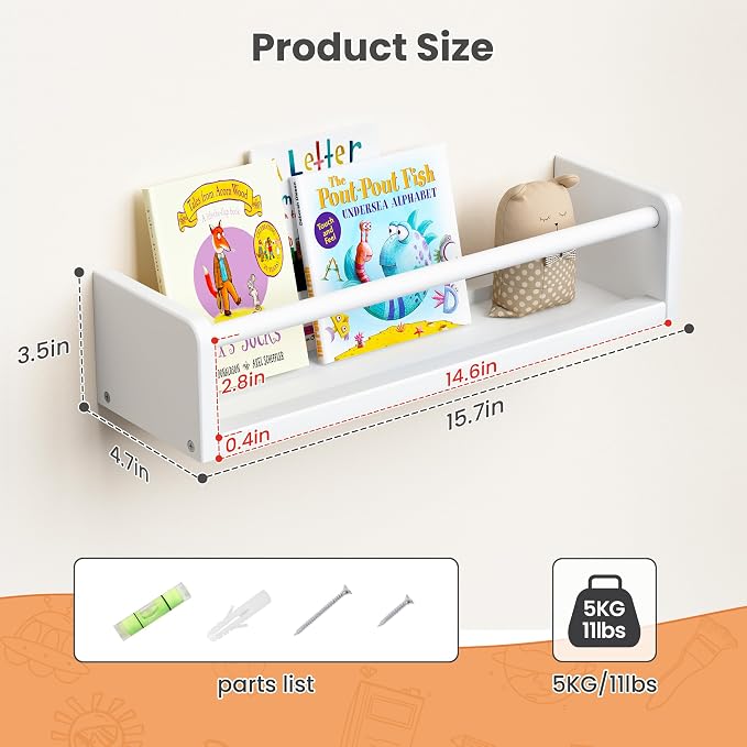 upsimples 2 Pack Nursery Book Shelves, 15.7 Inch Floating Bookshelves for Wall, Baby Nursery Decor, Small Solid Wood Wall Mounted Shelves for Baby Kids Boys Girls, White - Image 3