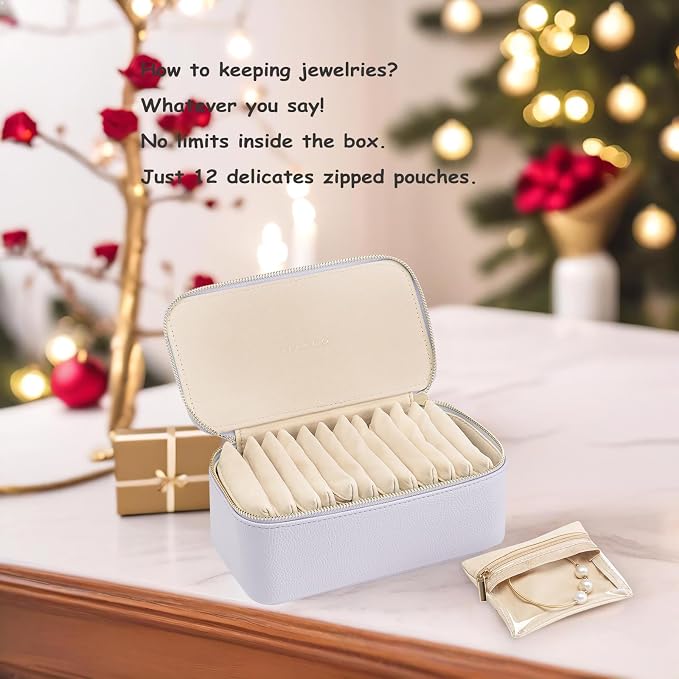 VLANDO Travel Jewelry Box Organizer – Portable PU Leather Jewelry Case with 6/8/12 Zippered Pouches, Compact Storage for Earrings Rings Necklaces Bracelets, Lilac Purple - Image 3