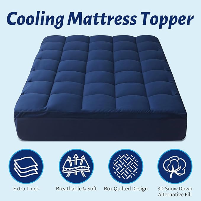 Thick Mattress Topper with Deep Pocket, Extra Pillow Top Mattress Pad, Breathable & Cooling Mattress Cover, Fits 8-21 Inch, Soft Support for Back Pain Relief, Mattress Protector (King, Navy Blue)