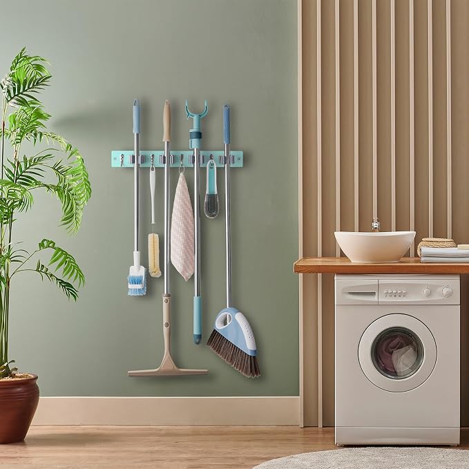 OUTNILI Turquoise Mop Broom Holder Wall Mount with 4 Slots & 4 Hooks - Wood Broom Mop Hanger for Pantry Closet Laundry Room Organization - for Teal Kitchen Decor and Accessories - Image 5
