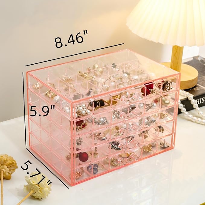 Feadily Acrylic Jewelry Organizer Box, Jewelry Drawer Organizer With 5 Drawers 120 Grids, Pink - Image 2