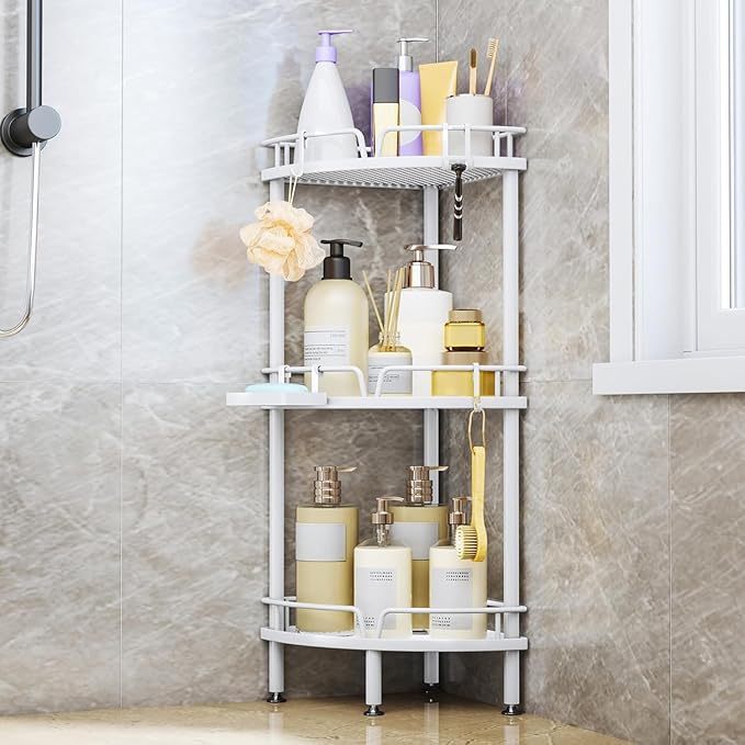 Consumest Corner Shower Caddy Standing - 3 Tier Shower Organizer with Soap Holder, Tall Floor Storage Rack with Adjustable Feet & 4 Hooks, Bathroom Corner Shelf, White by Consumest