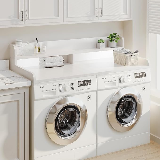 2-Tier Washer Dryer Countertop with 2.75" H Edge Rails, 58" W x 28" D Laundry Countertop for Folding Clothes, Washer and Dryer Topper with Non-Slip Pad (White) - Image 6