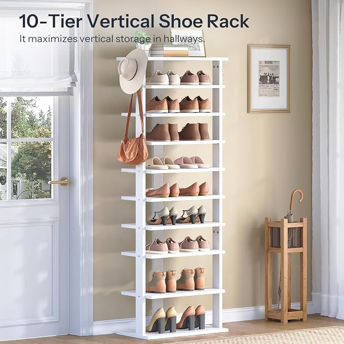 HOOBRO 10 Tiers Vertical Shoe Rack, Wooden Shoe Storage Organizer with Hooks, Narrow Shoe Tower for 20 Pairs, Space Saving, for Entryway, Living Room, Bedroom, White WT140XJ01 - Image 2
