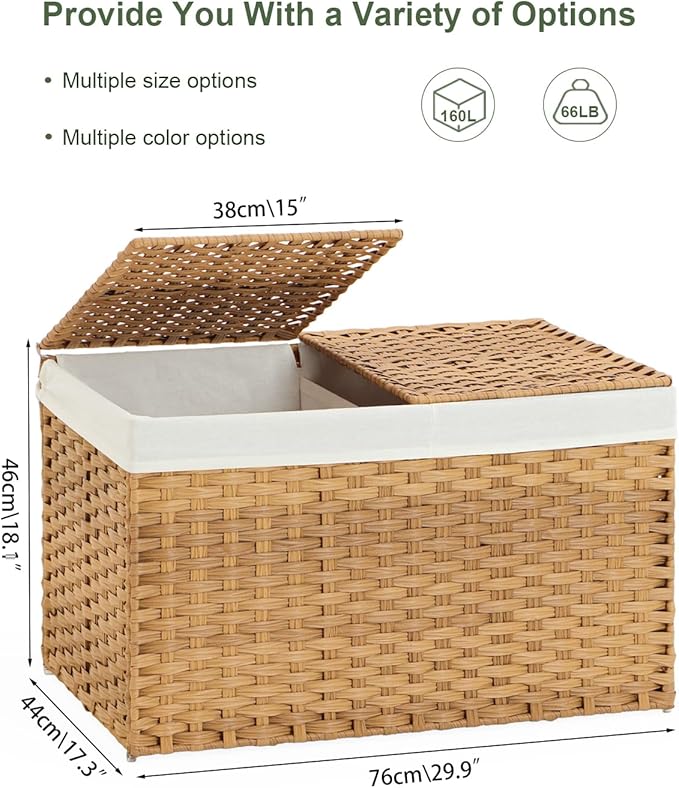 SETVSON Storage Basket with Lid Wicker Baskets for Storage with 2 Separate Lid 42.3 Gallon (160 L) 29.9 x 17.3 x 18.1 Inches Rattan Woven Large Wicker Basket with 2 Liners for Bedroom Laundry Natural - Image 4