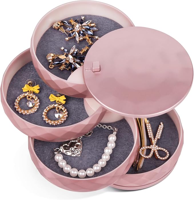 CONBOLA Travel Jewelry Case Box, Small Jewelry Organizer Earring Holder for Women, 5-Layer Rotating Jewelry Storage Tray with Lid for Bracelets Rings Bracelets by CONBOLA