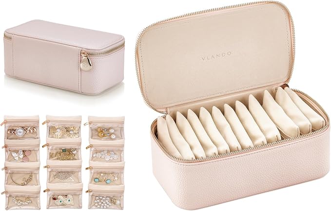 VLANDO Travel Jewelry Box Organizer – Portable PU Leather Jewelry Case with 6/8/12 Zippered Pouches, Compact Storage for Earrings Rings Necklaces Bracelets, Rosy Mauve by VLANDO